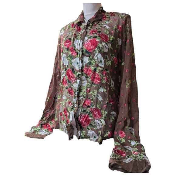 Stunning Rare Find Designer silk blend Sheer Floral Rose Mocha brown Shi… - Picture 1 of 16